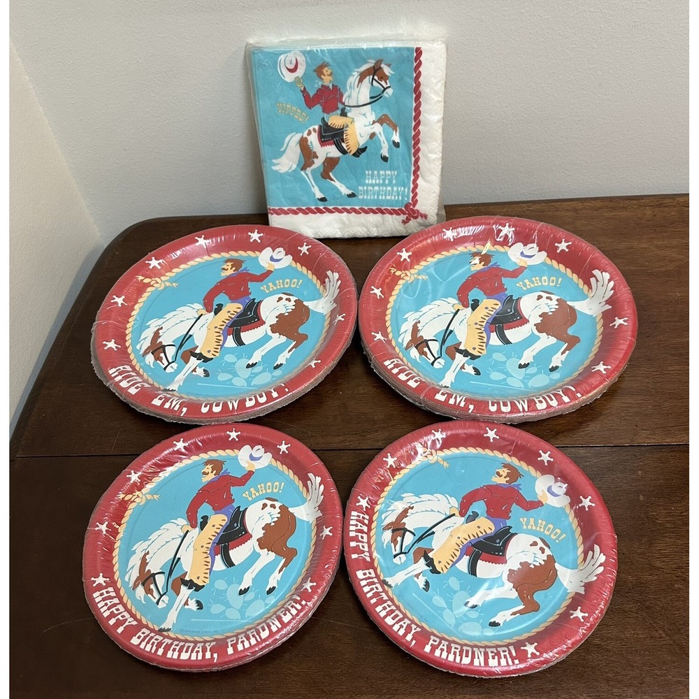 Vintage Hallmark Happy Birthday Pardner Cowboy Horse Party Napkins Plates NOS